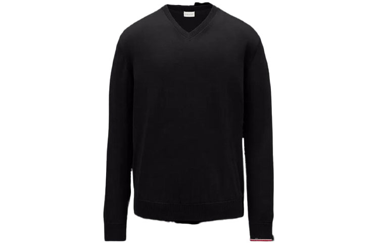 Moncler SS22 Black Solid Logo V-Neck Long Sleeve Pullover Sweatshirt H10919D00001M1113999