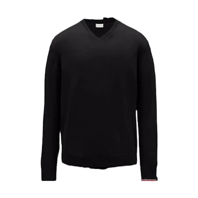Moncler SS22 Black Solid Logo V-Neck Long Sleeve Pullover Sweatshirt H10919D00001M1113999