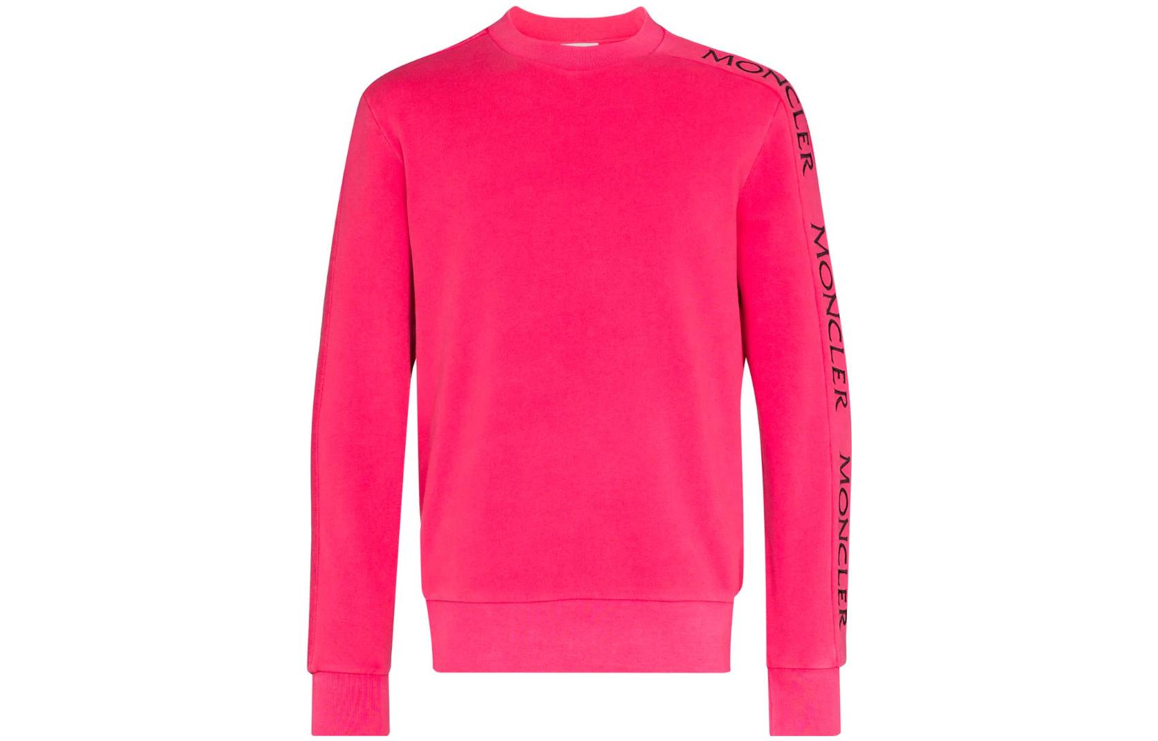 Moncler SS22 Logo Embroidered Crewneck Ribbed Hem Sweatshirt Pink () F10918G733108098U570