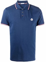 Moncler SS22 Logo Patch Striped Trim Polo Shirt Blue G20918A0001084556796 Moncler SS22 Logo Patch Striped Trim Polo Shirt Blue G20918A0001084556796