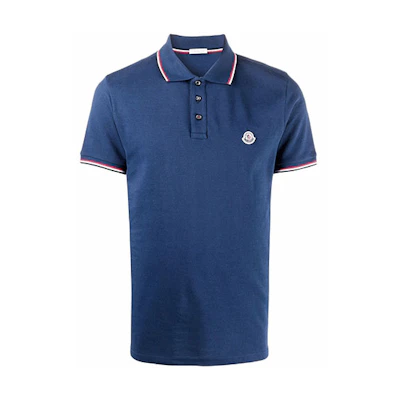 Moncler SS22 Logo Patch Striped Trim Polo Shirt Blue G20918A0001084556796