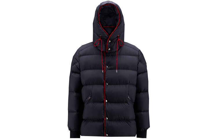 Moncler SS22 Navy Blue  Short Down Jacket with Logo Jacquard and Hood. H20911A00140549SK779