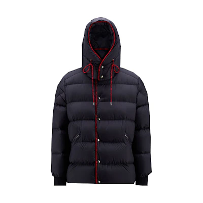 Moncler SS22 Navy Blue Short Down Jacket with Logo Jacquard and Hood. H20911A00140549SK779