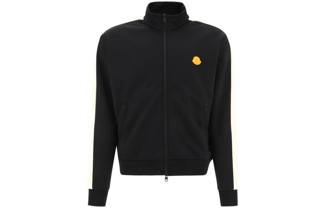 Moncler SS23  Black Knit Sweater with Zip-Up High Collar and Sleeve Stripes 8G00050899PZ999