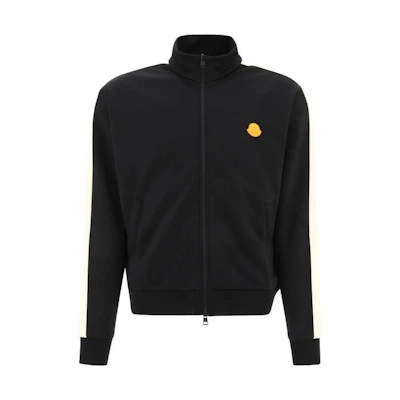 Moncler SS23 Black Knit Sweater with Zip-Up High Collar and Sleeve Stripes 8G00050899PZ999