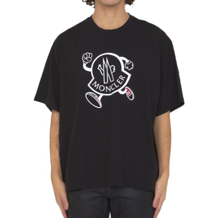 Shop Moncler SS23 Baju T Kasual Leher Bulat Cetakan Logo Hitam. I10918C00010M2643999
