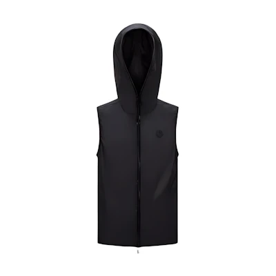 Moncler SS23 Black Solid Logo Patch Zip-Up Hooded Vest. I10911A0010768352999