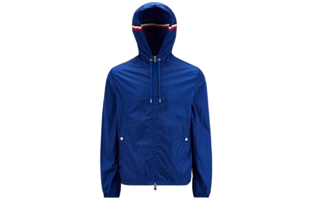 Moncler SS23  Blue Solid Zip-Up Hooded Jacket with Striped Drawstring Design I10911A000905415575N