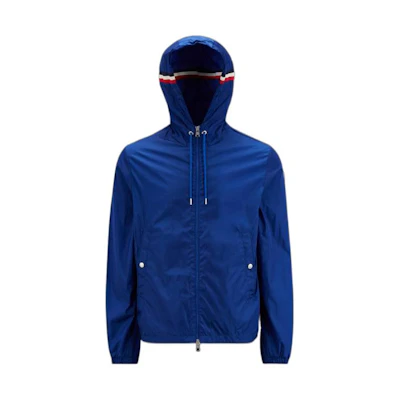 Moncler SS23 Blue Solid Zip-Up Hooded Jacket with Striped Drawstring Design I10911A000905415575N