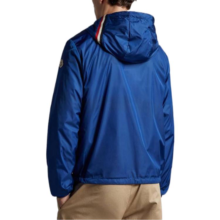 Shop モンクレール SS23 ブルー ソリッド ジップアップ フードジャケット ストライプ紐付き I10911A000905415575N