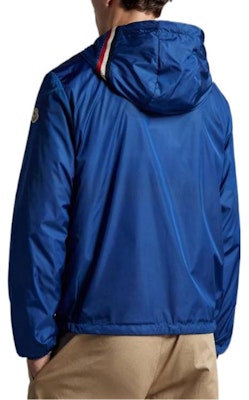 モンクレール SS23 ブルー ソリッド ジップアップ フードジャケット ストライプ紐付き I10911A000905415575N Shop モンクレール SS23 ブルー ソリッド ジップアップ フードジャケット ストライプ紐付き I10911A000905415575N