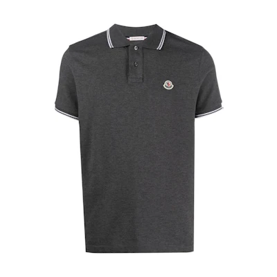 Moncler SS23 Grey Polo Shirt with Striped Edges and Logo Patch. I10918A0000684556989