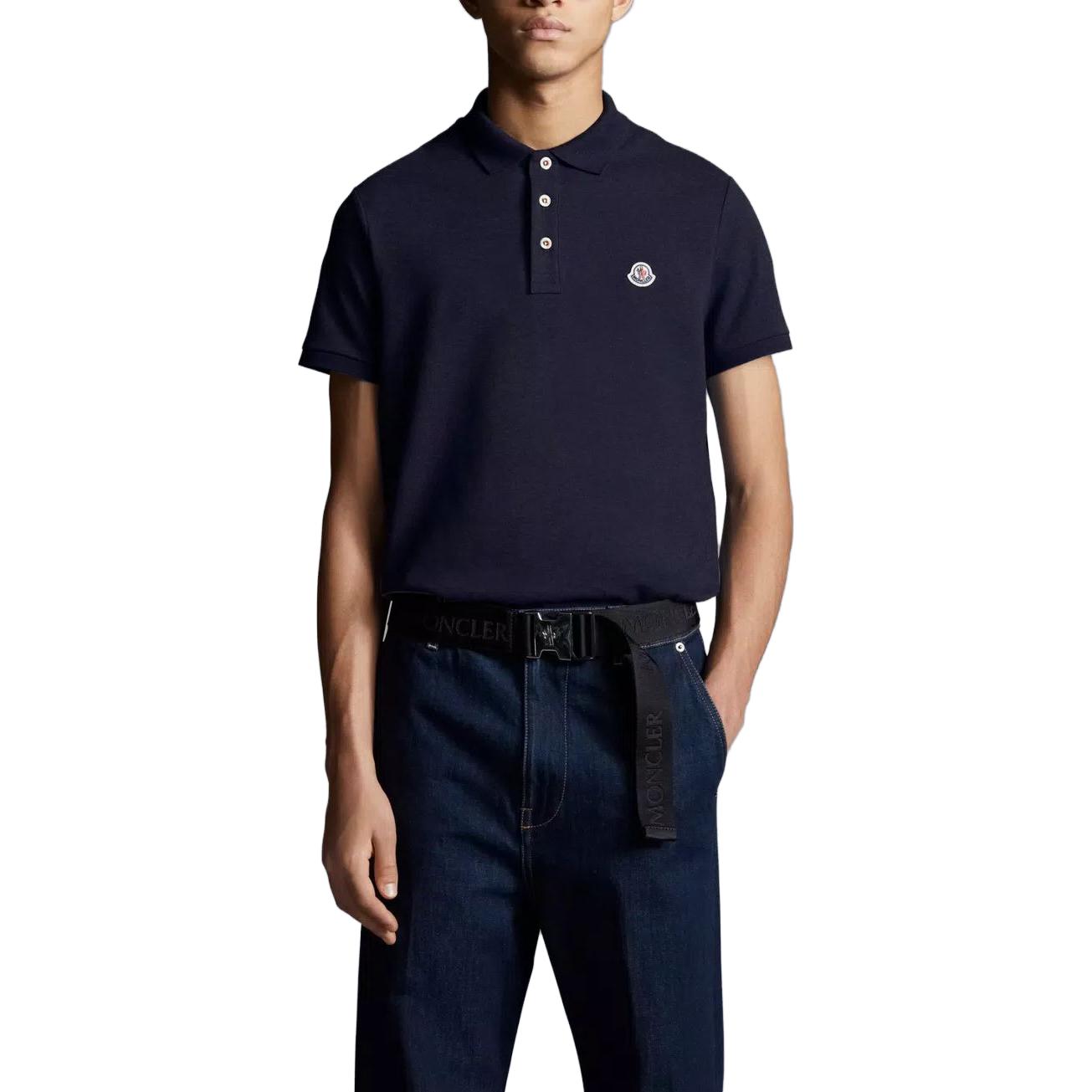 Purchase Moncler SS23 Baju Polo Biru Tua dengan Rekaan Patch Logo Solid. I10918A000198455677X