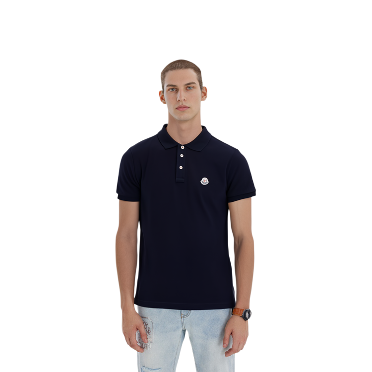Details for Moncler SS23 Baju Polo Biru Tua dengan Rekaan Patch Logo Solid. I10918A000198455677X