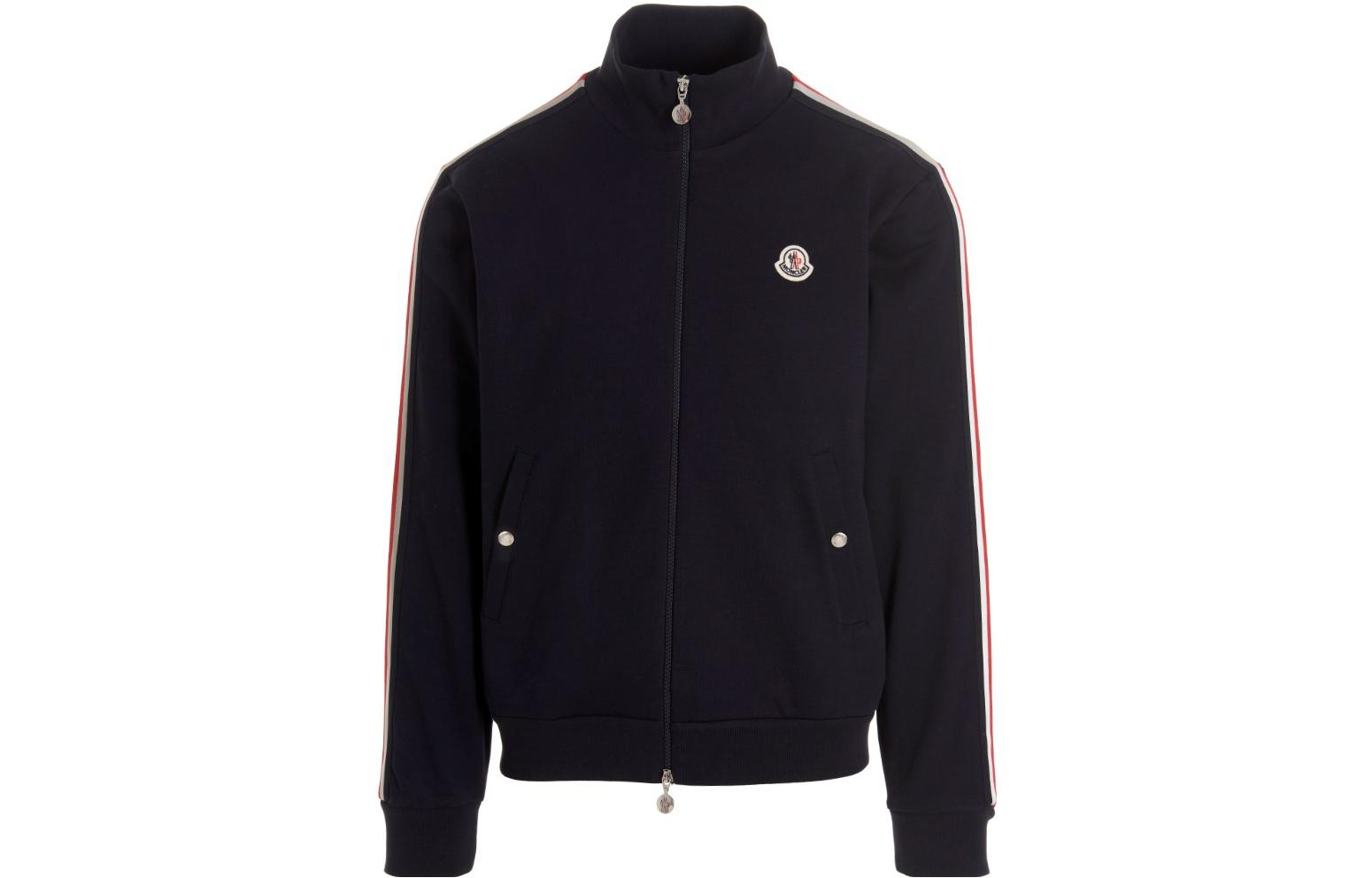 Moncler SS23  Navy Blue Stand Collar Jacket with Striped Trim & Logo. 8G00052V8162778