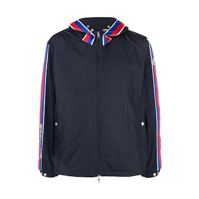 Moncler SS23 Navy Blue Striped Hooded Jacket. I10911A0017354A9174S