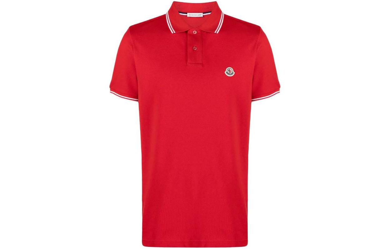 Moncler SS23  Red Polo Shirt with Striped Trim and Logo Patch. I10918A0000684556455