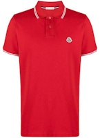 Moncler SS23 Red Polo Shirt with Striped Trim and Logo Patch. I10918A0000684556455 Moncler SS23 Red Polo Shirt with Striped Trim and Logo Patch. I10918A0000684556455