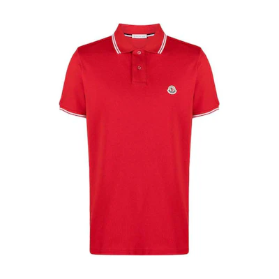 Moncler SS23 Red Polo Shirt with Striped Trim and Logo Patch. I10918A0000684556455