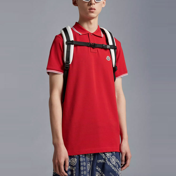 Purchase Camiseta Polo Roja Moncler SS23 con Ribete a Rayas y Parche del Logo. I10918A0000684556455