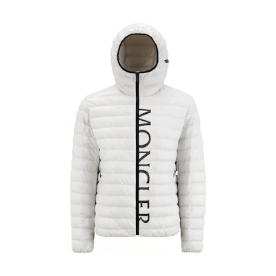 Moncler SS23 White Zip-Up Half-Letter Print Hooded Down Jacket. I10911A00030595OK91R