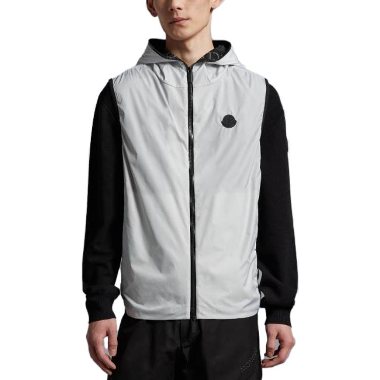 Shop Moncler SS23 Jaket Tanpa Lengan Putih Bertudung dengan Logo Patch. I10911A001076835221D