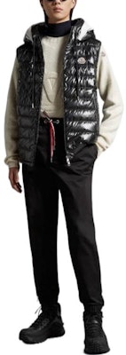 Moncler SS23 Glossy Logo Patch Hooded Zip Vest Black Mens. I10911A00059596J9-999 Lookbook Moncler SS23 Glossy Logo Patch Hooded Zip Vest Black Mens. I10911A00059596J9-999