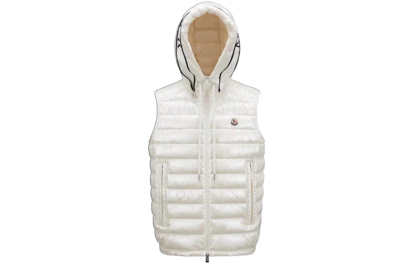 Moncler SS23 Glossy Quilted Logo Hooded Zip Vest White Men. I10911A00059596J9001