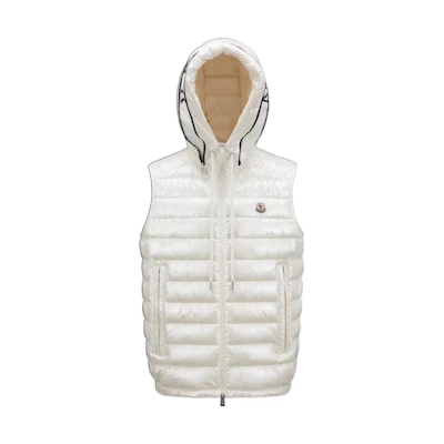 Moncler SS23 Glossy Quilted Logo Hooded Zip Vest White Men. I10911A00059596J9001