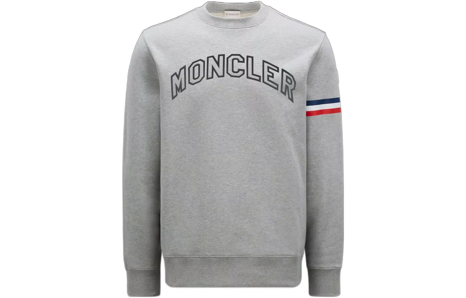 Moncler SS23 Grey Crewneck Sweatshirt with Logo Patch and Stripes I10918G00005899WC984
