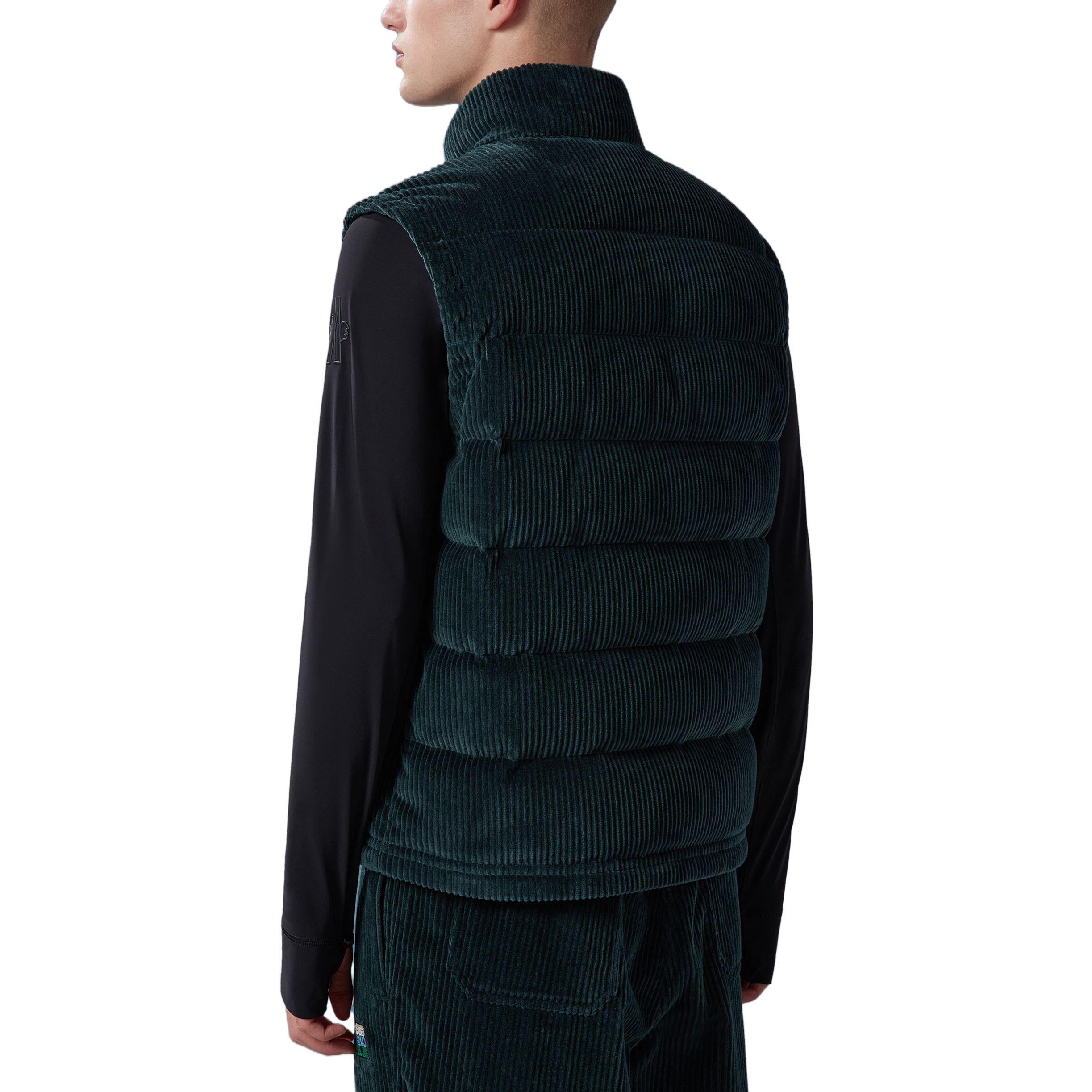 Shop Moncler SS23 Jantzen 燈芯絨羽絨背心 深綠色 標誌貼章 I20971A0000854AL0897