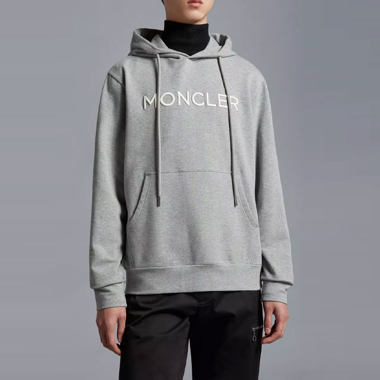 Shop Moncler SS23 Logo Print Drawstring Hoodie  Grey. I10918G00024899WI984