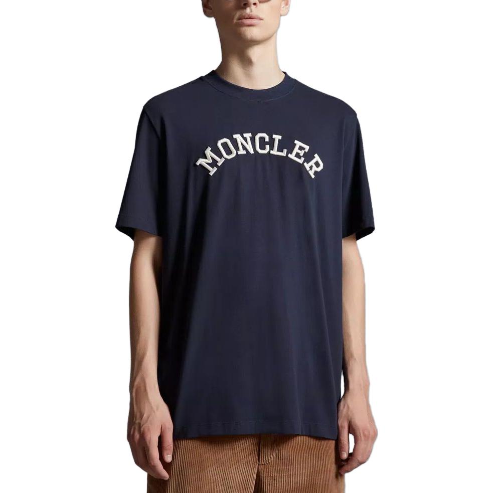 Shop Moncler SS23 Navy Blue Logo Sulam Crewneck T-Shirt. I20918C0006489AA2778