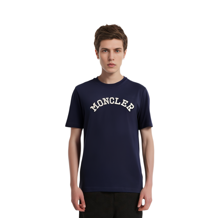 Purchase Moncler SS23 Navy Blue Logo Sulam Crewneck T-Shirt. I20918C0006489AA2778