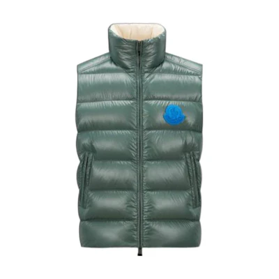 Moncler SS23 Ski Season Parke Green Down Vest Badge Logo Stand Collar I10911A00046M2648P80