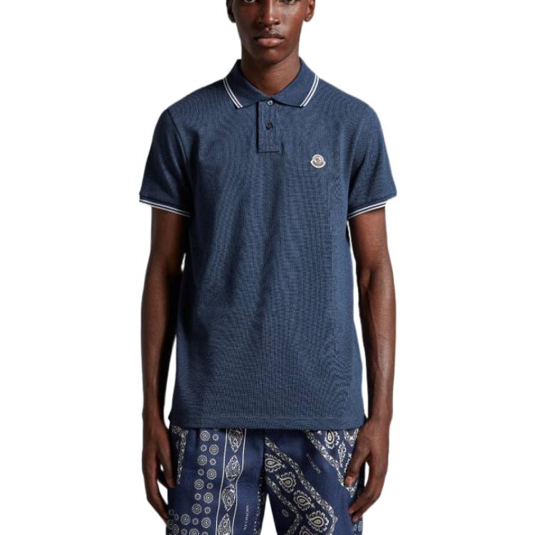 Lookbook モンクレール SS23 ストライプトリム ロゴパッチ 半袖ポロシャツ メンズ ブルー I10918A0000684556795