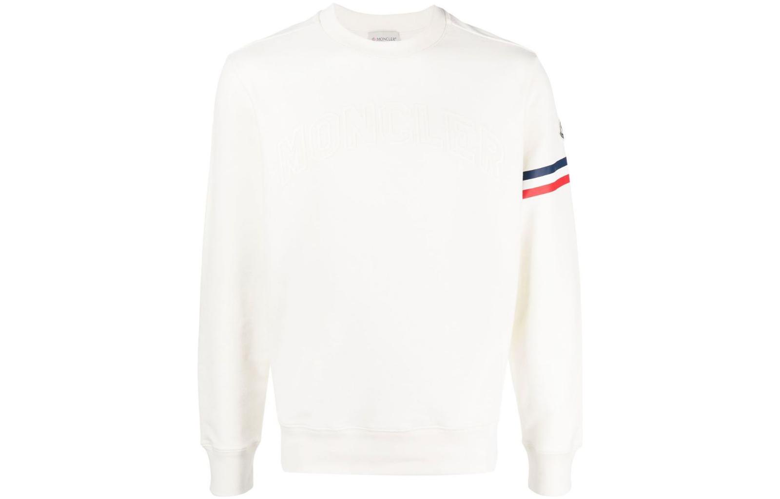 Moncler SS23 White Logo Patch Striped Sweatshirt I10918G00005899WC032