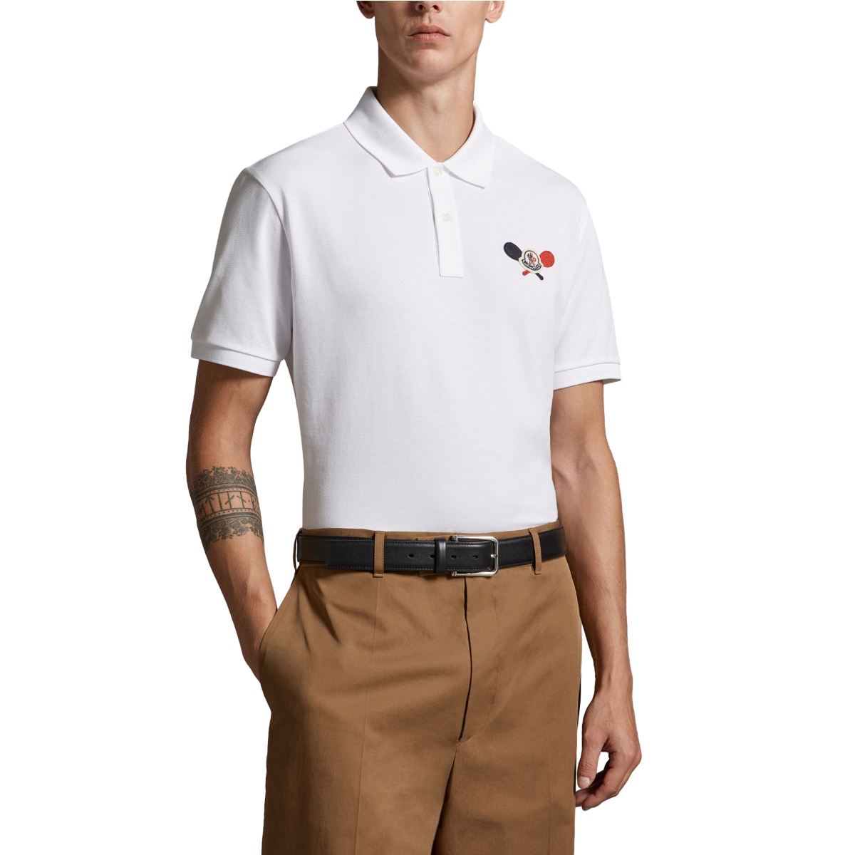 Shop Moncler SS24  White Tennis Logo Patch Short Sleeve Polo Shirt J10918A0000989A16002
