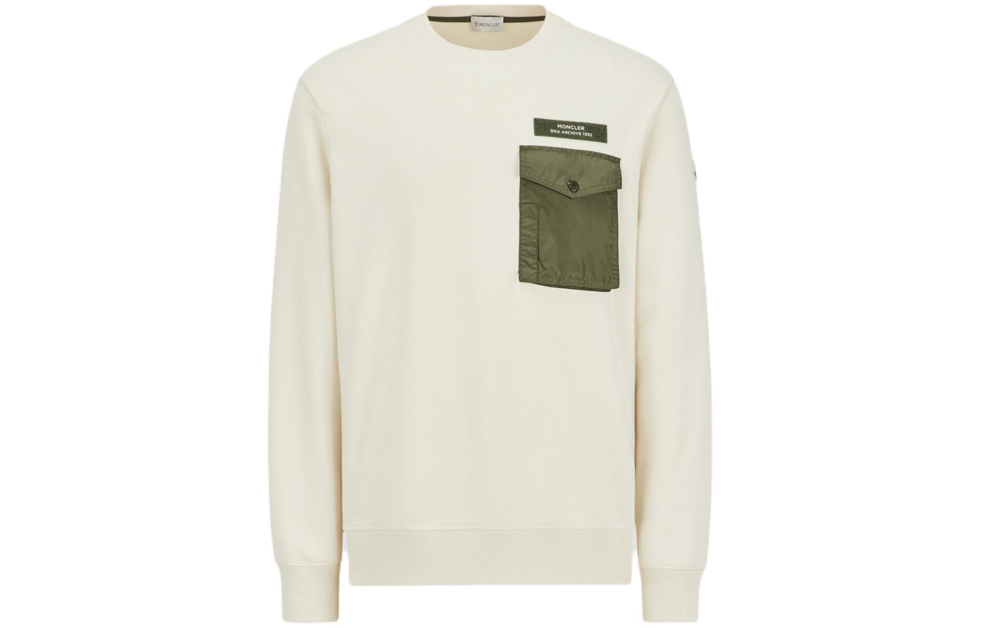 Moncler SS24 Embossed Logo Fleece Pocket Crewneck Sweatshirt White Green J10918G0004189A8F051