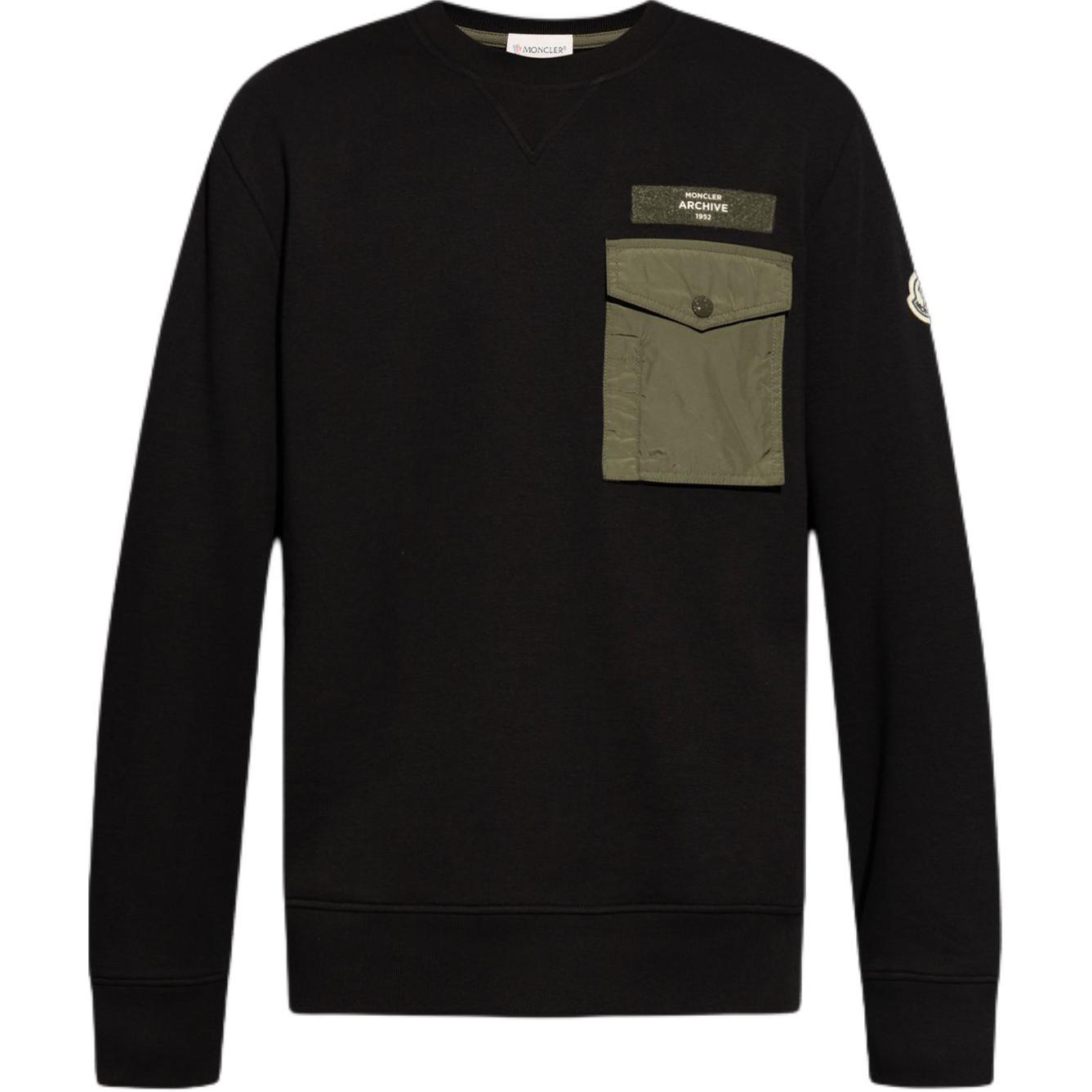 Moncler SS24 Logo Pocket Crewneck Long Sleeve Sweatshirt Black () J10918G0004189A8F-999