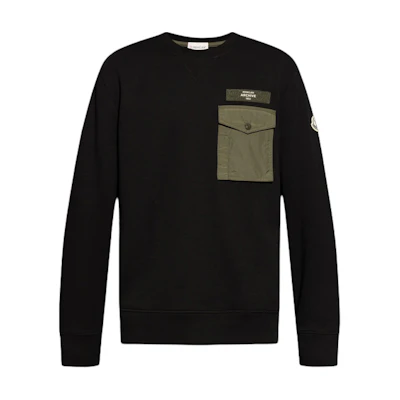 Moncler SS24 Logo Pocket Crewneck Long Sleeve Sweatshirt Black () J10918G0004189A8F-999