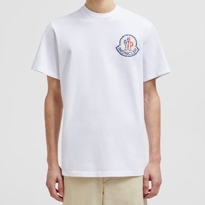 Moncler SS24 Pixel Logo Print Crewneck T-Shirt White for Men. J20918C000048392700A Lookbook Moncler SS24 Pixel Logo Print Crewneck T-Shirt White for Men. J20918C000048392700A