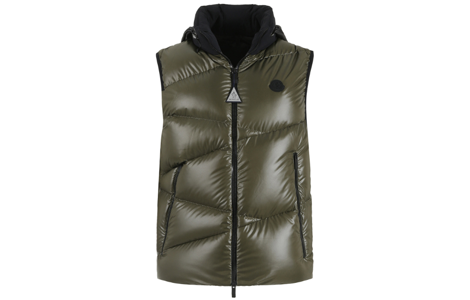 Moncler Tago Logo Patch Down Vest  Brown Green Hidden Hood Design. I20911A00032595ZJ818