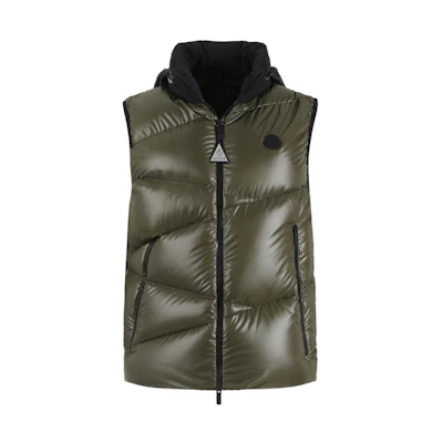 Moncler Tago Logo Patch Down Vest Brown Green Hidden Hood Design. I20911A00032595ZJ818