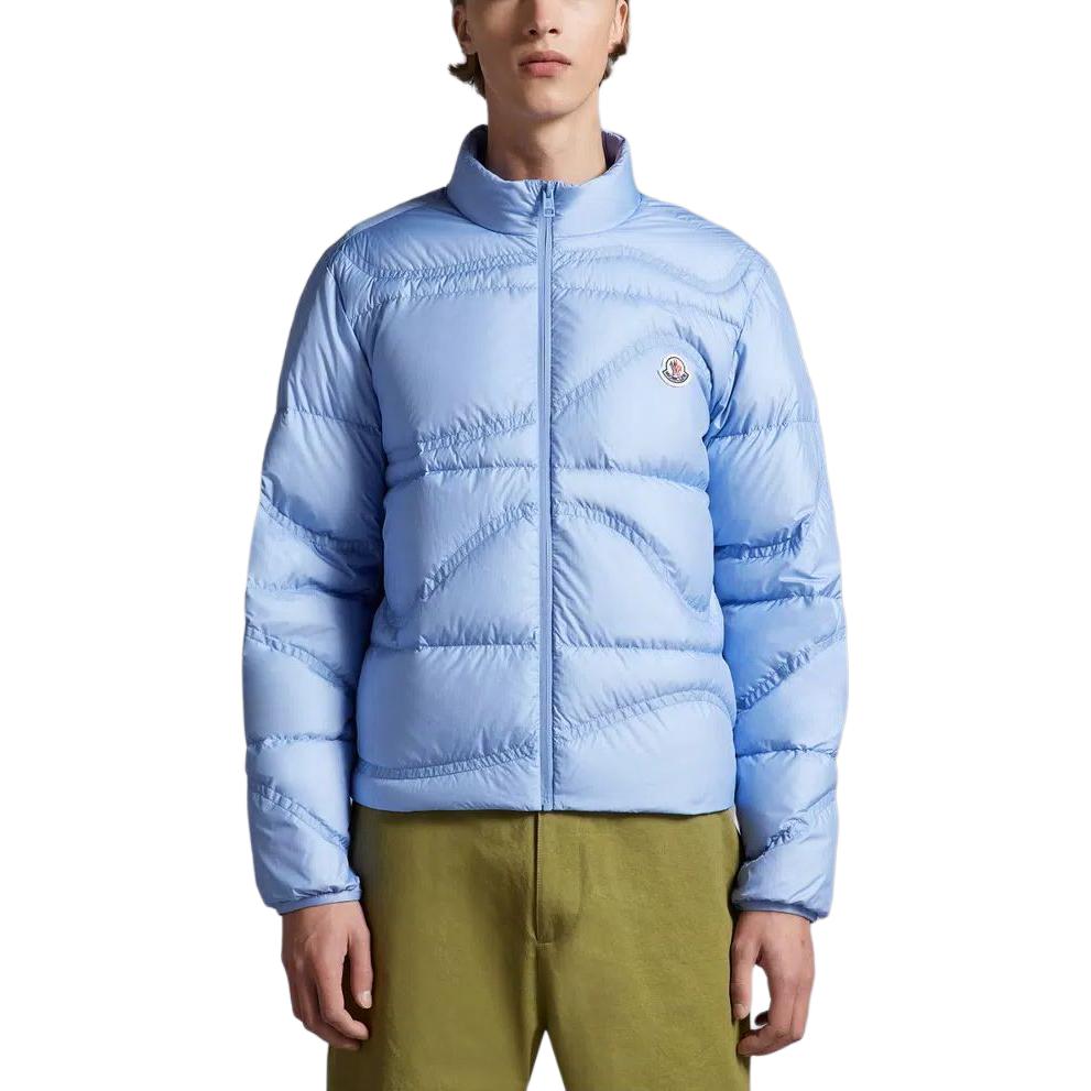 Shop Moncler TAYRONA FW24 Jaket Down Biru Unisex Logo Print dengan Resleting Depan. J10911A001175396L71B