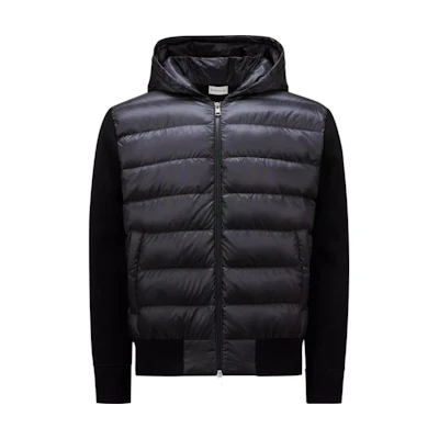 Moncler Unisex Wool Down Hooded Cardigan Jacket Black with Striped Print. J20919B00022M1131999