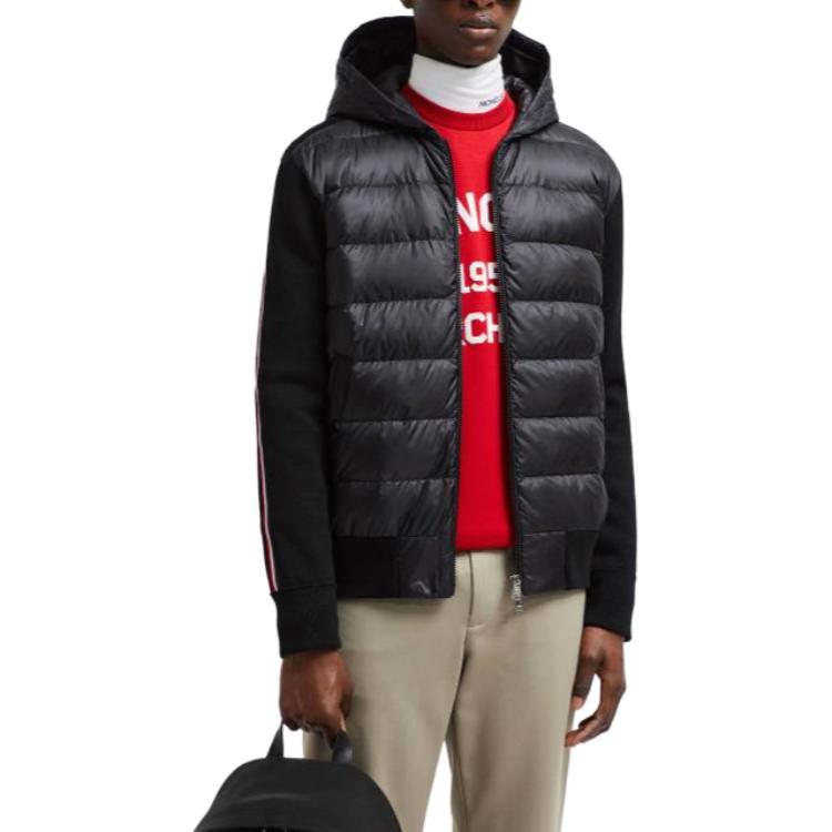 Shop Moncler 男女羊毛羽絨連帽外套黑色條紋設計 J20919B00022M1131999