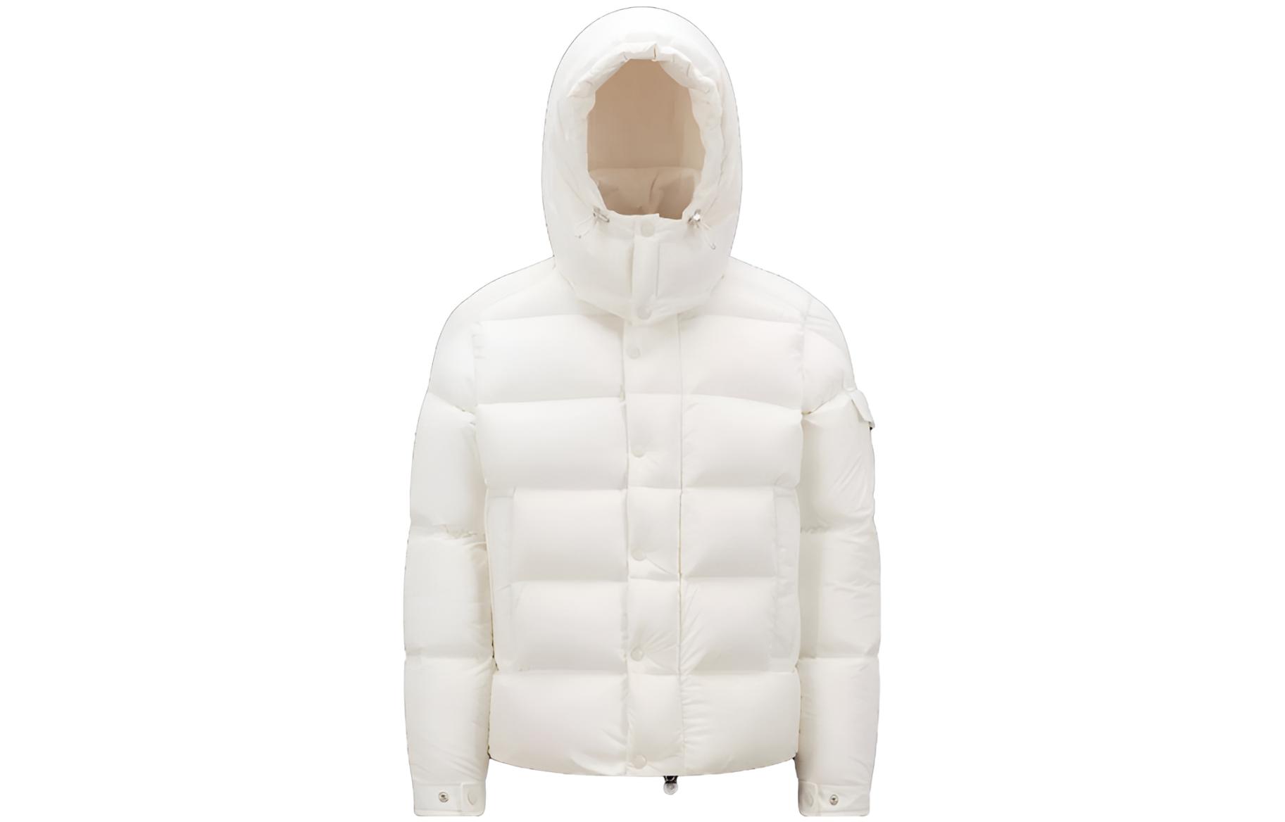 Moncler Vezere Short Down Jacket with Logo Print, Unisex Hooded Puffer - Off-White I20911A0004453333032