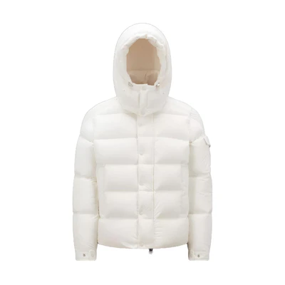 Moncler Vezere Short Down Jacket with Logo Print, Unisex Hooded Puffer - Off-White I20911A0004453333032