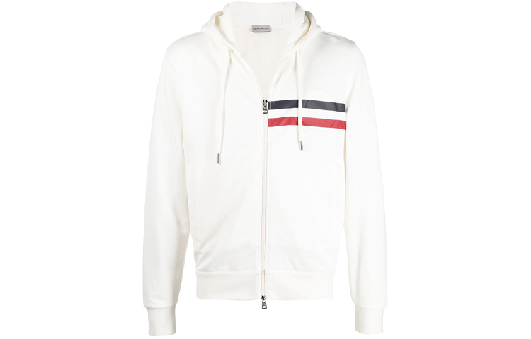 Moncler White Hoodie with Striped Print and Logo Zipper G10918G79510809KR034